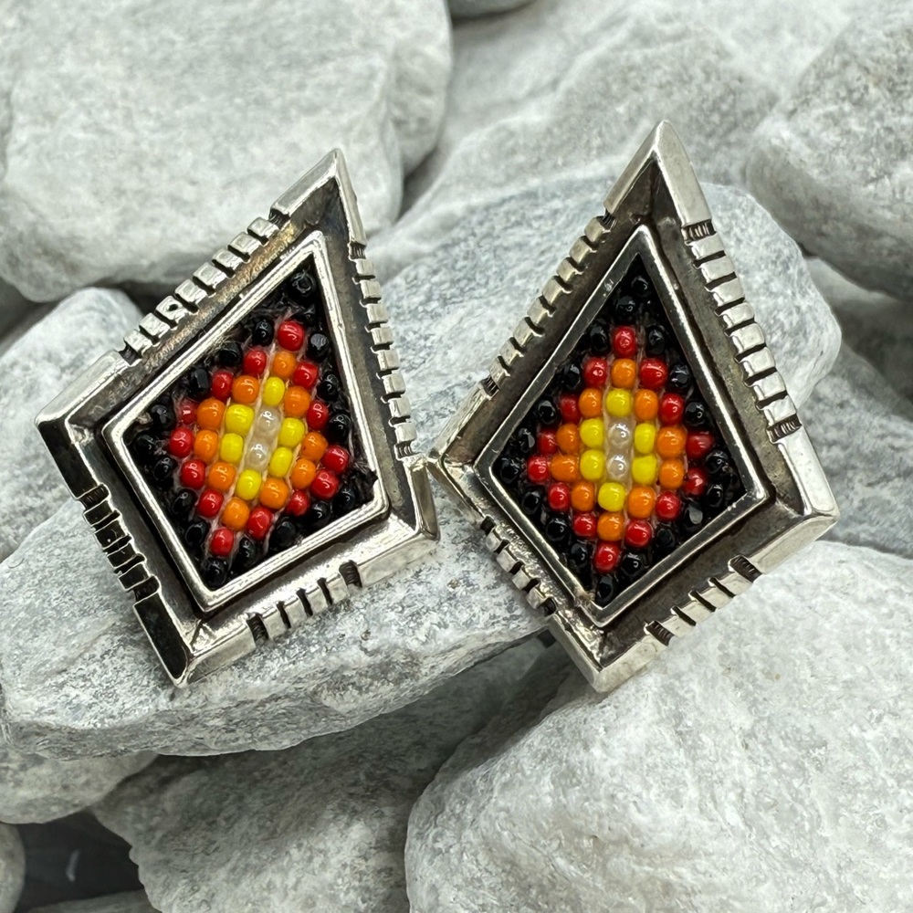 Designer Navajo Southwestern Sterling Silver Beaded Diamond Earrings Vintage 12g